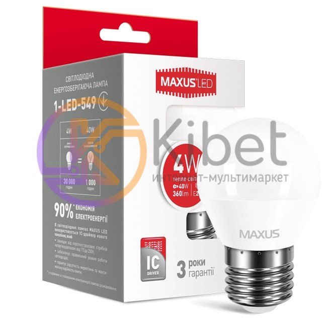 Лампа светодиодная E27, 4W, 3000K, G45F, Maxus, 950 lm, 220V (1-LED-549)