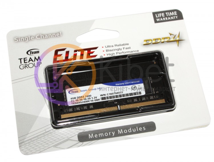 Модуль памяти SO-DIMM, DDR4, 4Gb, 2400 MHz, Team, 1.2V, CL16 (TED44G2400C16-S01)