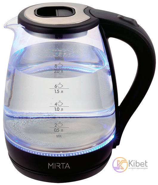 Чайник Mirta KT-1045B Black, 1500W, 2л, дисковый, стекло