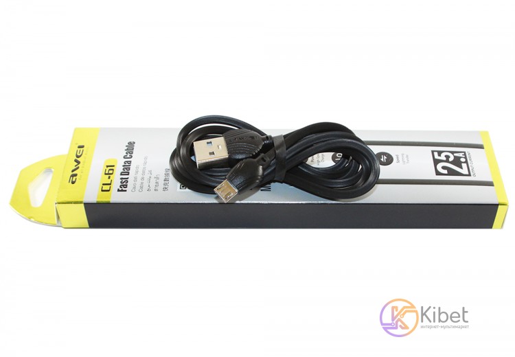 Кабель USB - microUSB, Awei, Black, 1 м, 2.4A (CL-61)