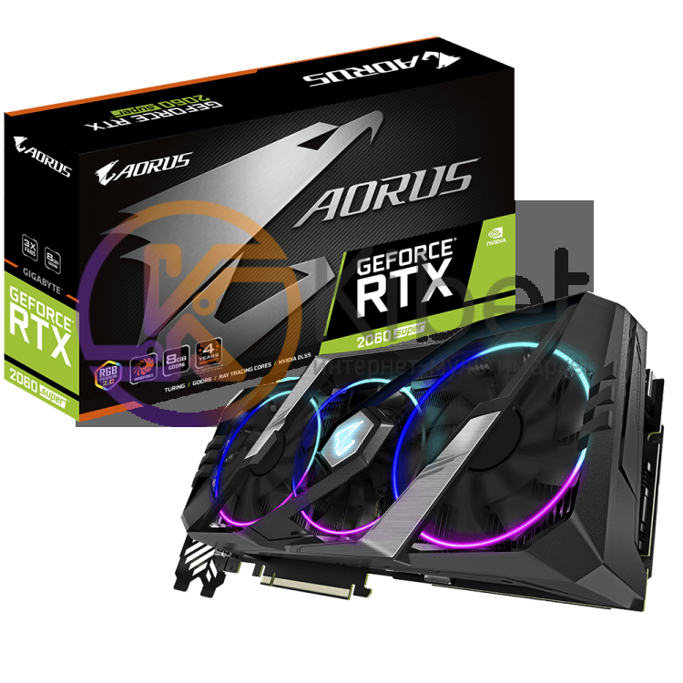 Видеокарта GeForce RTX 2060 SUPER, Gigabyte, AORUS, 8Gb DDR6, 256-bit, HDMI 3xDP