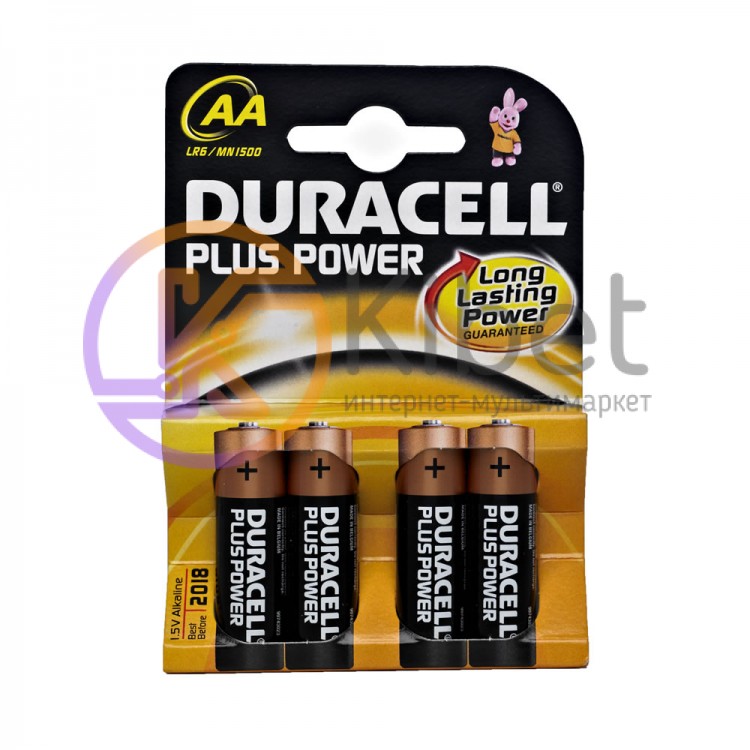 Батарейки AA, Duracell, щелочные, 4 шт, 1.5V, Blister