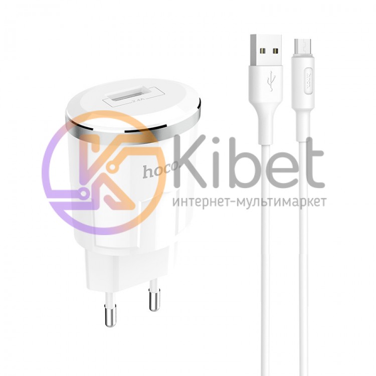 Сетевое зарядное устройство Hoco Thunder, White, 1xUSB, 2.4A, кабель USB - mic