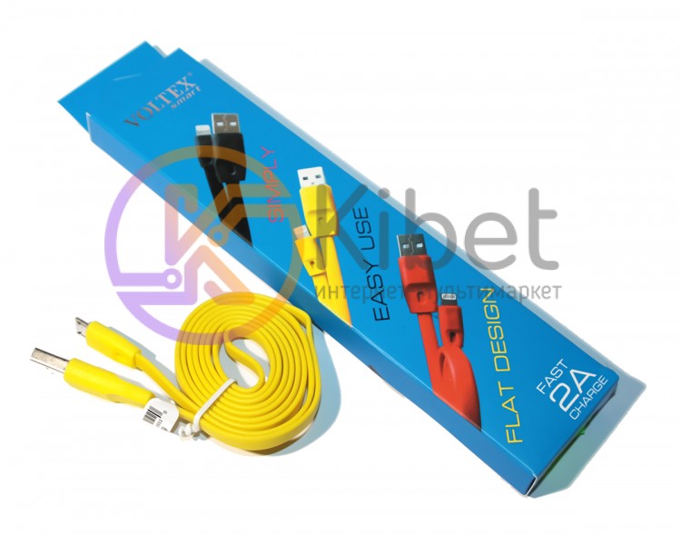 Кабель USB - microUSB, Yellow, 1 м, Voltex flat, алюминевые коннектора, плетен