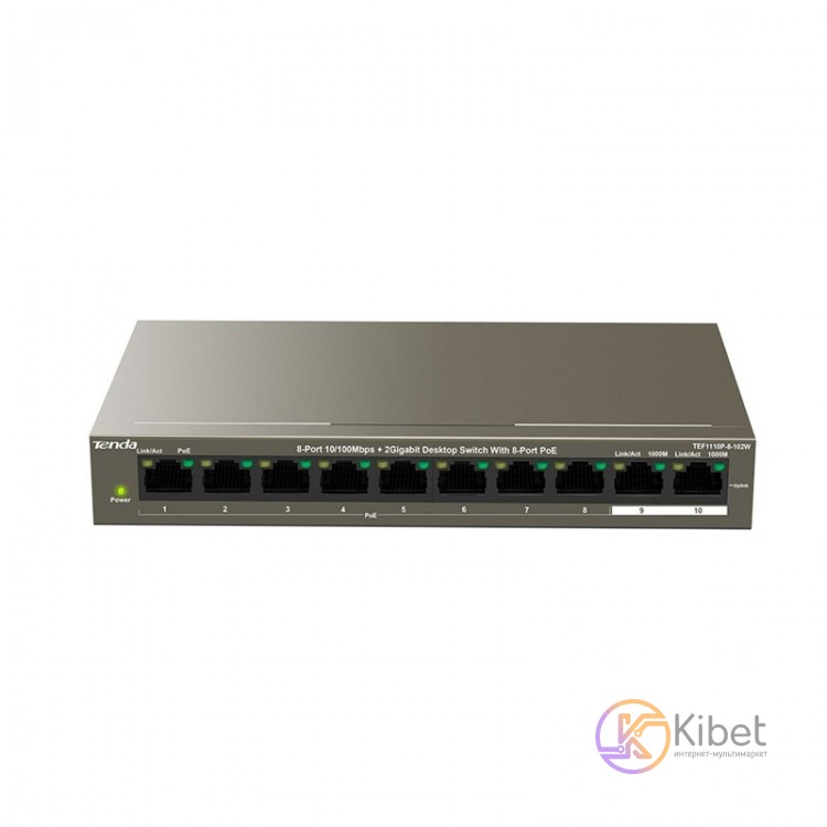 Коммутатор TENDA TEF1110P-8-102W, 8 LAN 10 100BaseT, 2x Gigabit Ethernet, неупра