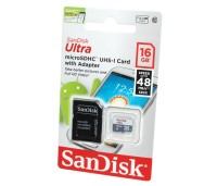 Карта памяти microSDHC, 16Gb, Class10 UHS-I, SanDisk Ultra, до 48 MB s, SD адапт