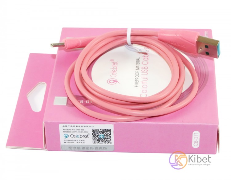 Кабель USB - USB Type-C, Celebrat, Pink, 1 м, (CB-01TP)