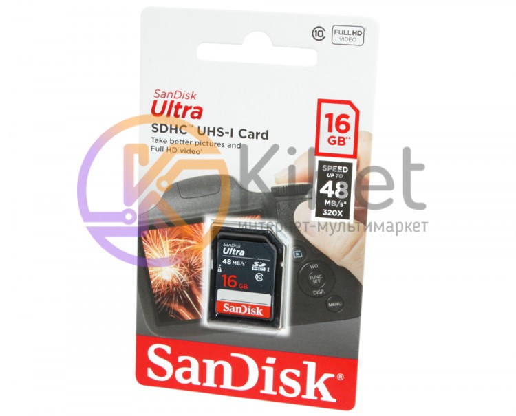 Карта памяти SDHC, 16Gb, Class10 UHS-I, SanDisk Ultra, до 48 MB s (SDSDUNB-016G-
