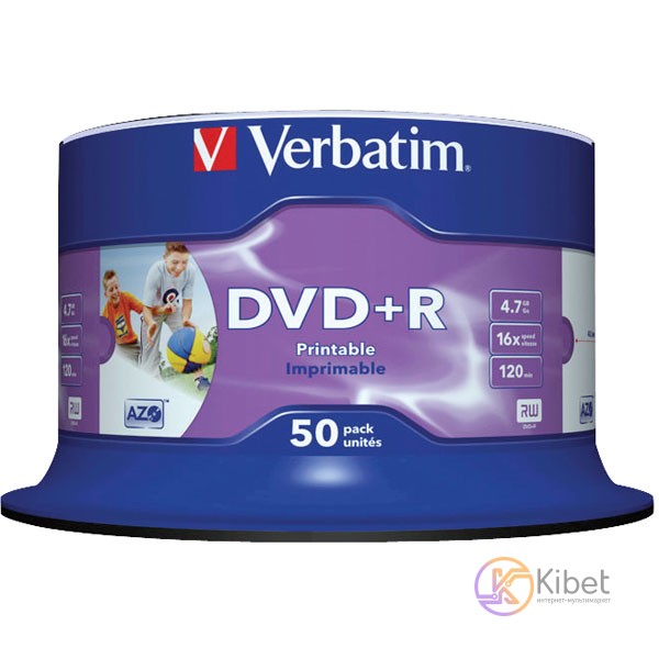 Диск DVD+R 50 Verbatim, 4.7Gb, 16x, Printable, Cake Box (43512)