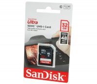Карта памяти SDHC, 32Gb, Class10 UHS-I, SanDisk Ultra, до 48 MB s (SDSDUNB-032G-
