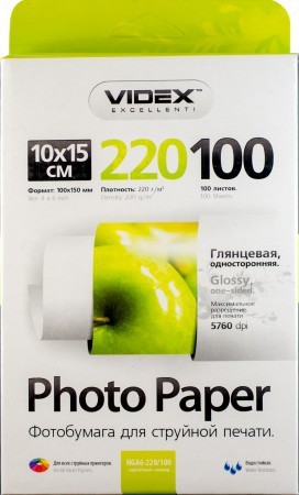 Фотобумага Videx, глянцевая, A6 (10x15), 220 г м2, 100 л (HGA6 220 100)
