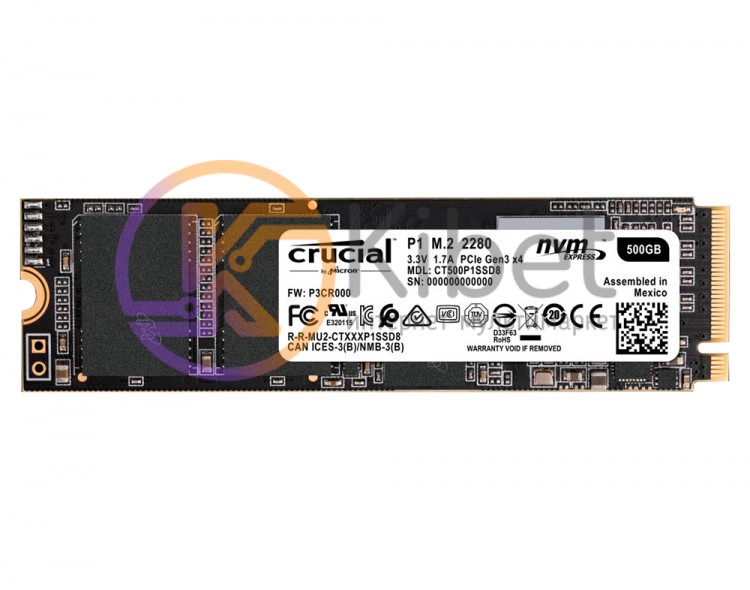 Твердотельный накопитель M.2 500Gb, Crucial P1, PCI-E 4x, 3D QLC, 1900 950 MB s