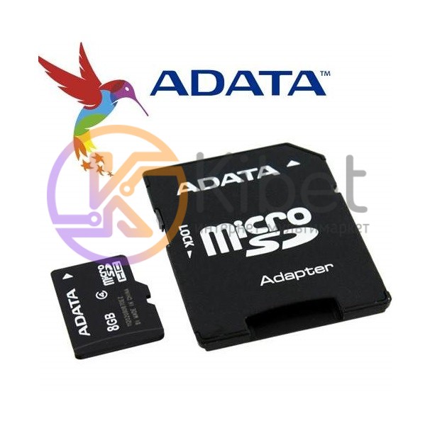 Карта памяти microSDHC, 8Gb, Class4, A-Data, SD адаптер (AUSDH8GCL4-RA1)