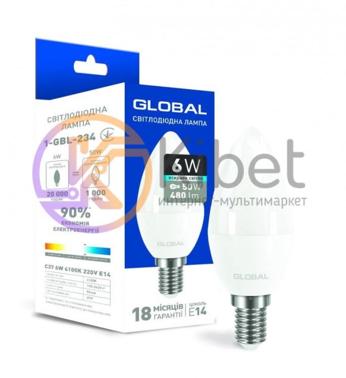 Лампа светодиодная E14, 6W, 4100K, C37, Global, 480 lm, 220V (1-GBL-234)