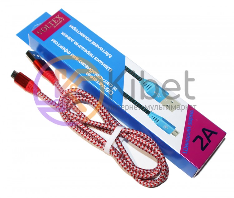 Кабель USB - microUSB, Red, 1 м, Voltex Fliker, светоотражающий, 2A