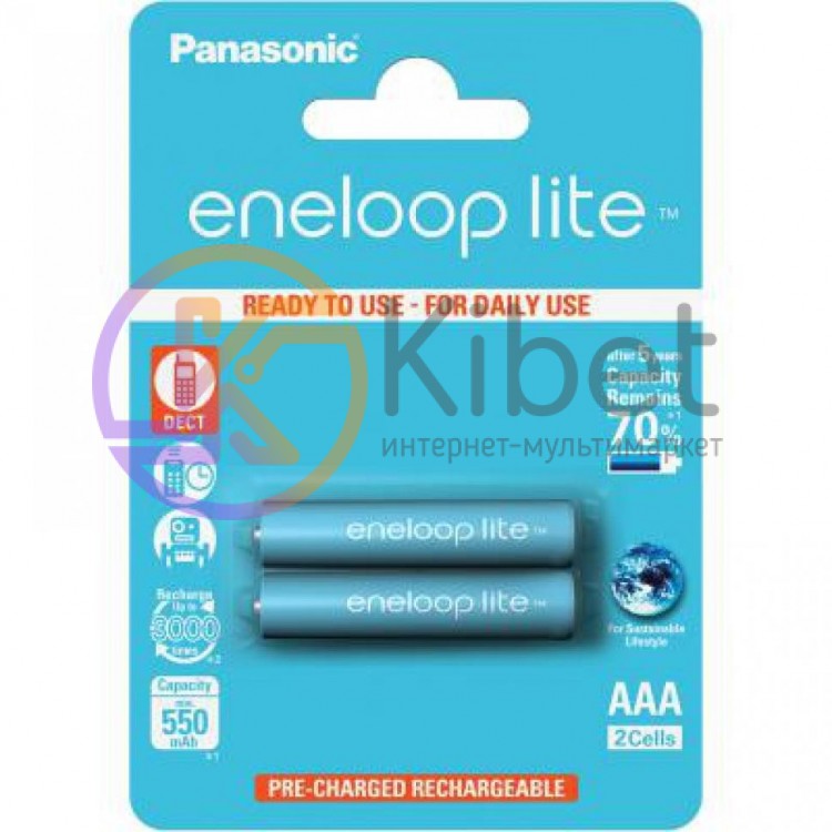 Аккумулятор AAA, 550 mAh, Panasonic Eneloop Lite, 2 шт, 1.2V, Blister, ресурс -