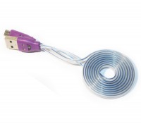 Кабель USB - microUSB, Purple, 1 м, подсветка кабеля, плоский, Bulk