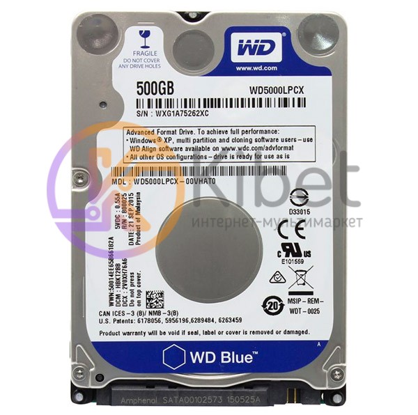 Жесткий диск 2.5' 500Gb Western Digital Blue, SATA3, 16Mb, 5400 rpm (WD5000LPCX)