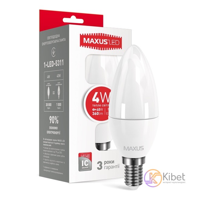 Лампа светодиодная E14, 4W, 3000K, C37, Maxus, 360 lm, 220V (1-LED-5311)