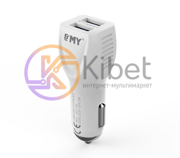 Автомобильное зарядное устройство EMY, White, 2xUSB, 2.4A, кабель USB - iPhone