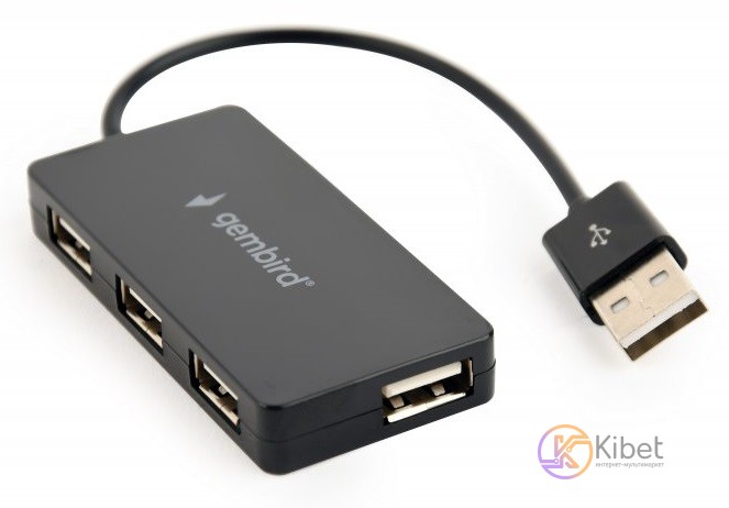 Концентратор USB 2.0 Gembird UHB-U2P4-04, Black, 4 порта, встроенный USB кабель