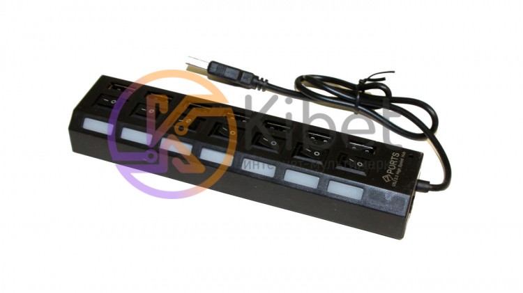 Концентратор USB 2.0, 7 ports, Black, 480 Mbps, LED подсвтека, выключатель для к