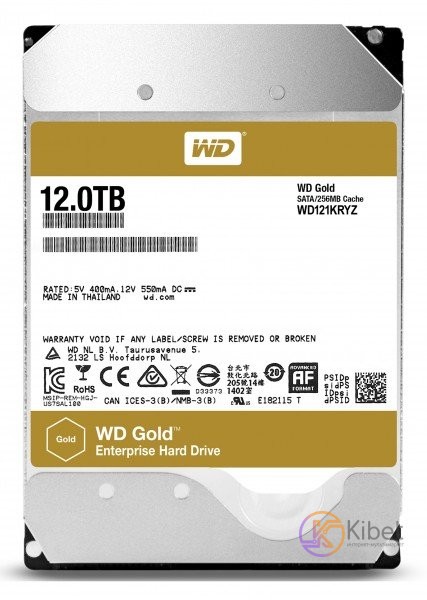 Жесткий диск 3.5' 12Tb Western Digital Gold, SATA3, 256Mb, 7200 rpm (WD121KRYZ)