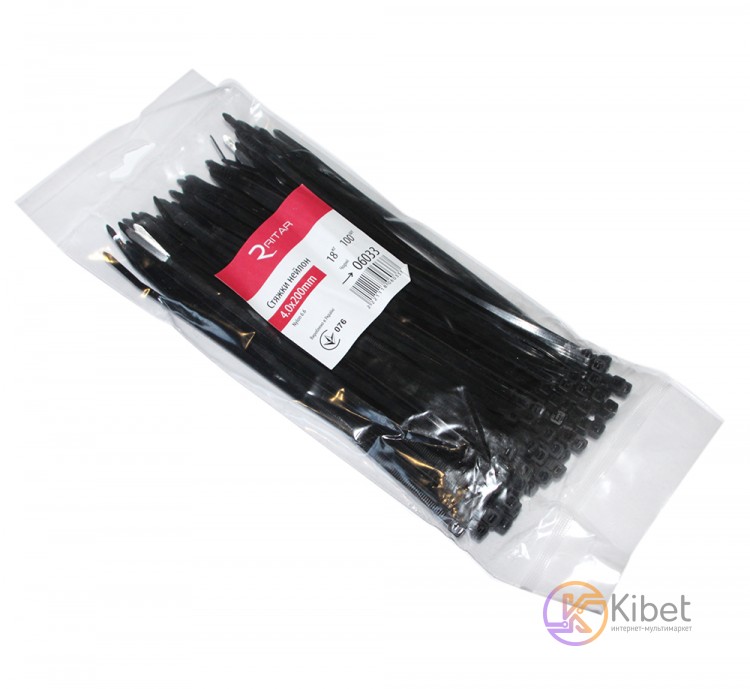 Стяжки для кабеля, 200 мм х 4,0 мм, 100 шт, Black, Ritar (CTR-B4200)