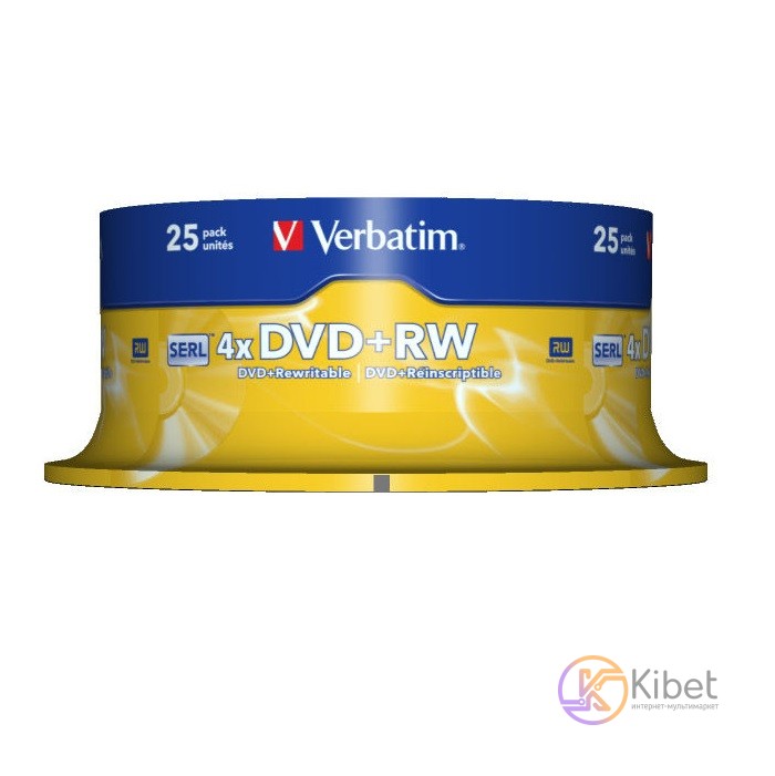 Диск DVD+RW 25 Verbatim, 4.7Gb, 4x, Cake Box (43489)
