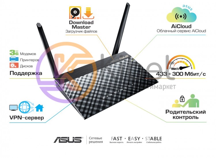 Роутер Asus RT-AC51U, Black, WiFi (2.4GHz до 300 MB s 5GHz до 433 MB s), 4xLan