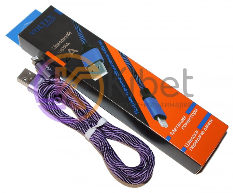 Кабель USB - Lightning, Violet, 1 м, Voltex Zebra, 2A