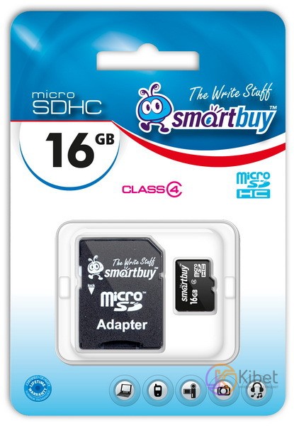 Карта памяти microSDHC, 16Gb, Class4, SmartBuy, SD адаптер (SB16GBSDCL4-01)