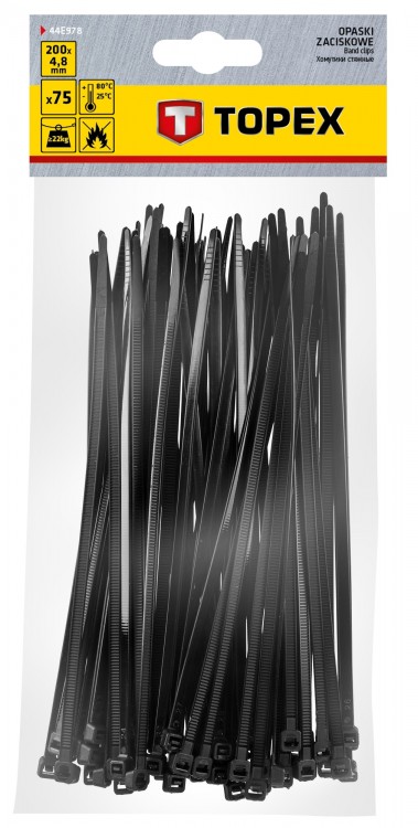 Стяжки для кабеля, 200 мм х 4,8 мм, 75 шт, Topex, Black (44E978)