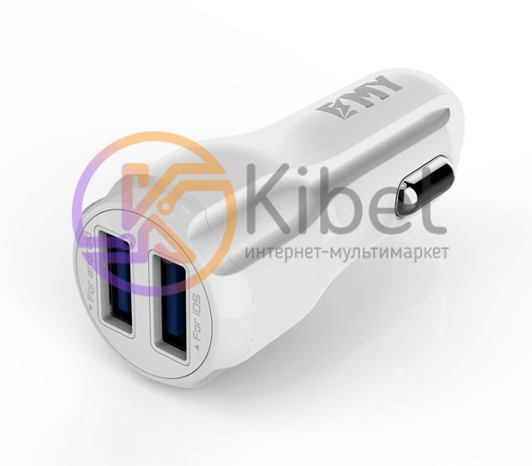 Автомобильное зарядное устройство EMY, White, 2xUSB, 3.4A, кабель USB - microU