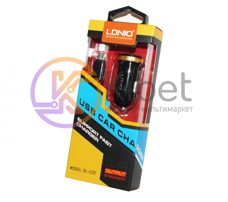 Автомобильное зарядное устройство LDNIO, Black, 2xUSB, 2.1A, кабель USB - micr