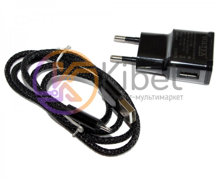 Сетевое зарядное устройство Voltex, Black, 1xUSB, 5V 2A + кабель microUSB (VLT