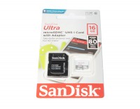 Карта памяти microSDHC, 16Gb, Class10 UHS-I, SanDisk R80MB s Ultra, SD адаптер (