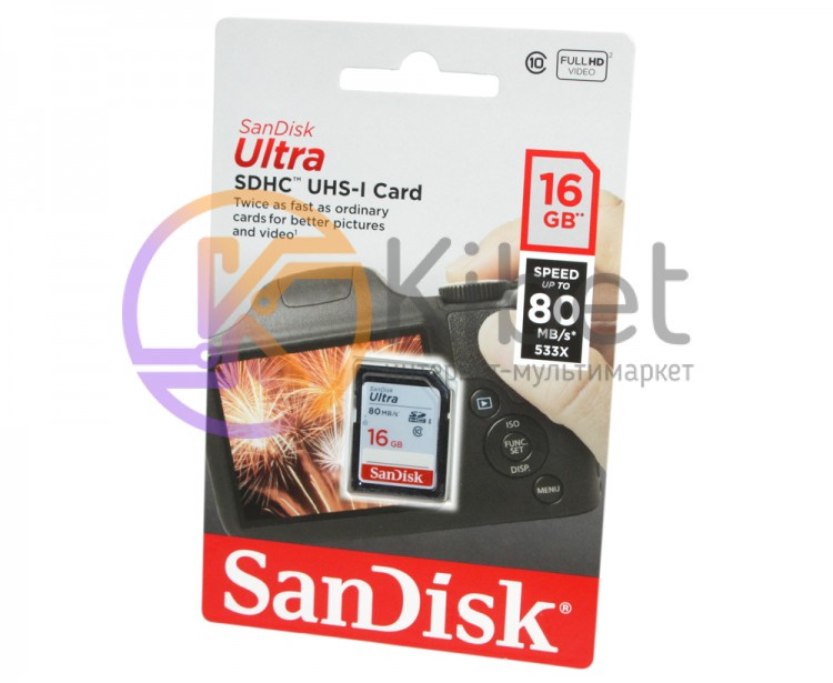Карта памяти SDHC, 16Gb, Class10 UHS-I, SanDisk Ultra, до 80 MB s (SDSDUNC-016G-