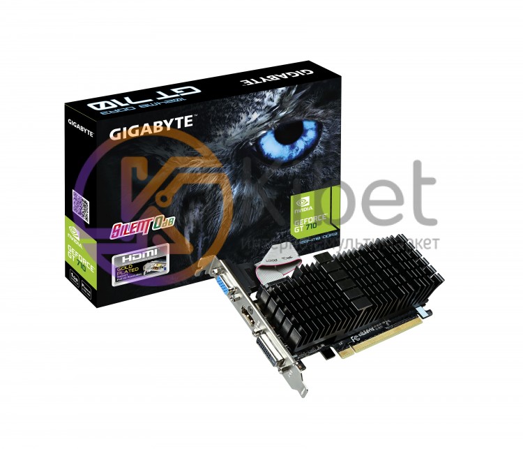 Видеокарта GeForce GT710, Gigabyte, 1Gb DDR3, 64-bit, VGA DVI HDMI, 954 1800MHz,