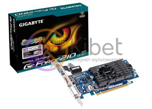 Видеокарта GeForce 210, Gigabyte, 1Gb DDR3, 64-bit, VGA DVI HDMI, 520 1200MHz (G