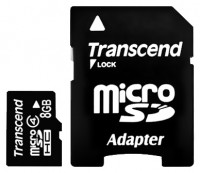 Карта памяти microSDHC, 8Gb, Class4, Transcend, SD адаптер (TS8GUSDHC4)