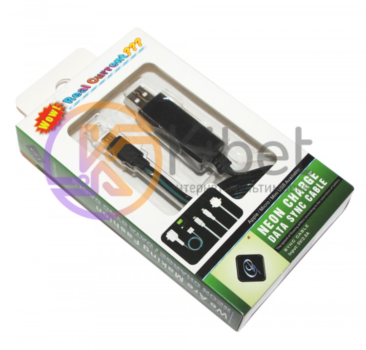 Кабель USB - microUSB, Black, 1 м, подсветка кабеля, плоский, бегущая индикаци