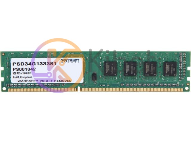Модуль памяти 4Gb DDR3, 1333 MHz, Patriot, 9-9-9-24, 1.5V (PSD34G133381)