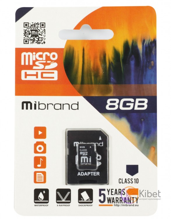 Карта памяти microSDHC, 8Gb, Class10, Mibrand, SD адаптер (MICDHC10 8GB-A)