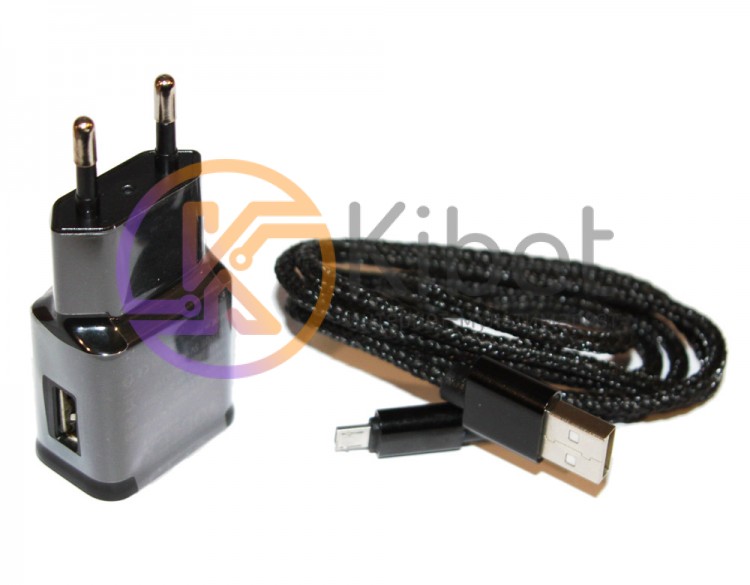 Сетевое зарядное устройство Voltex, Black, 1xUSB, 5V 2A + кабель microUSB плет