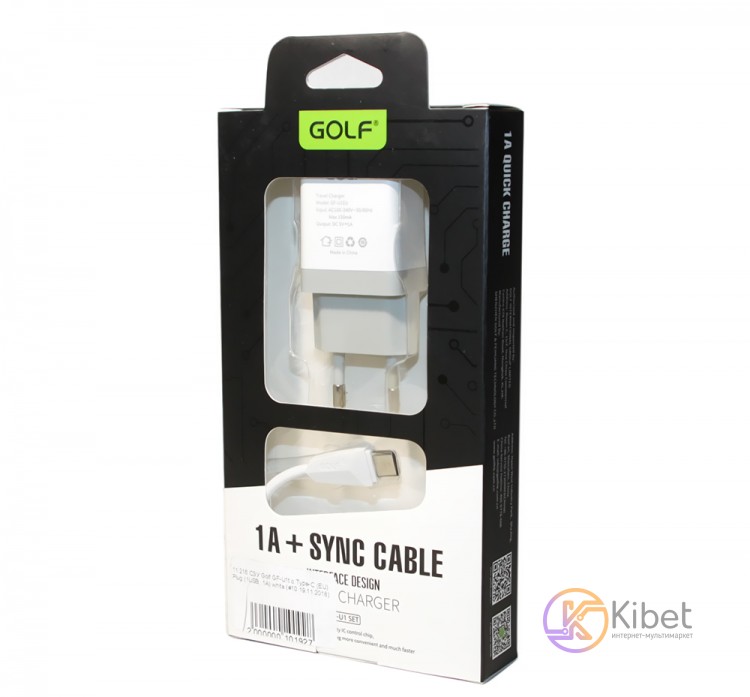 Сетевое зарядное устройство Golf, White, 1xUSB, 1A, кабель USB - Type-C (GF-U1