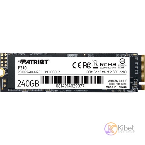 Твердотельный накопитель M.2 240Gb, Patriot P310, PCI-E 3.0 x4, 3D TLC, 1700 100