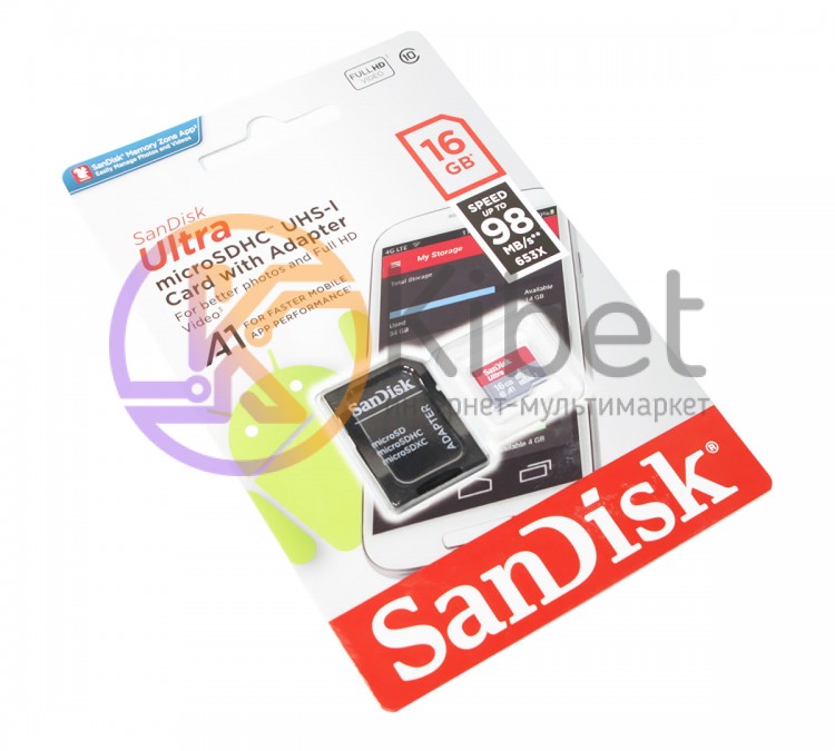 Карта памяти microSDHC, 16Gb, Class10 UHS-I, SanDisk R100MB s Ultra, SD адаптера