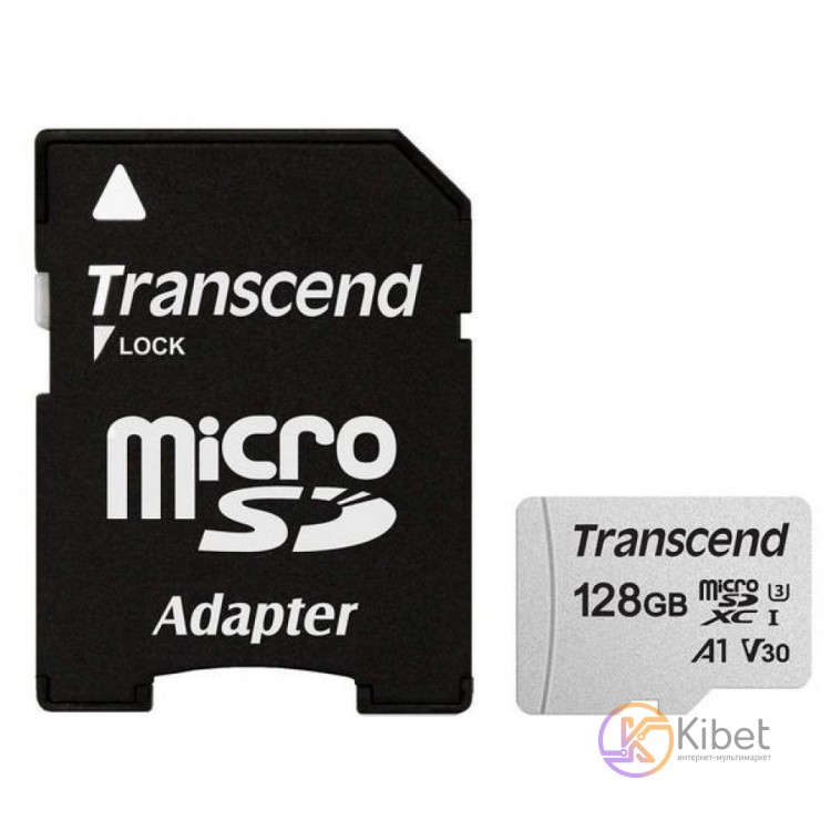 Карта памяти microSDXC, 128Gb, Transcend 300S, Class10 UHS-I U3, SD адаптер, R95