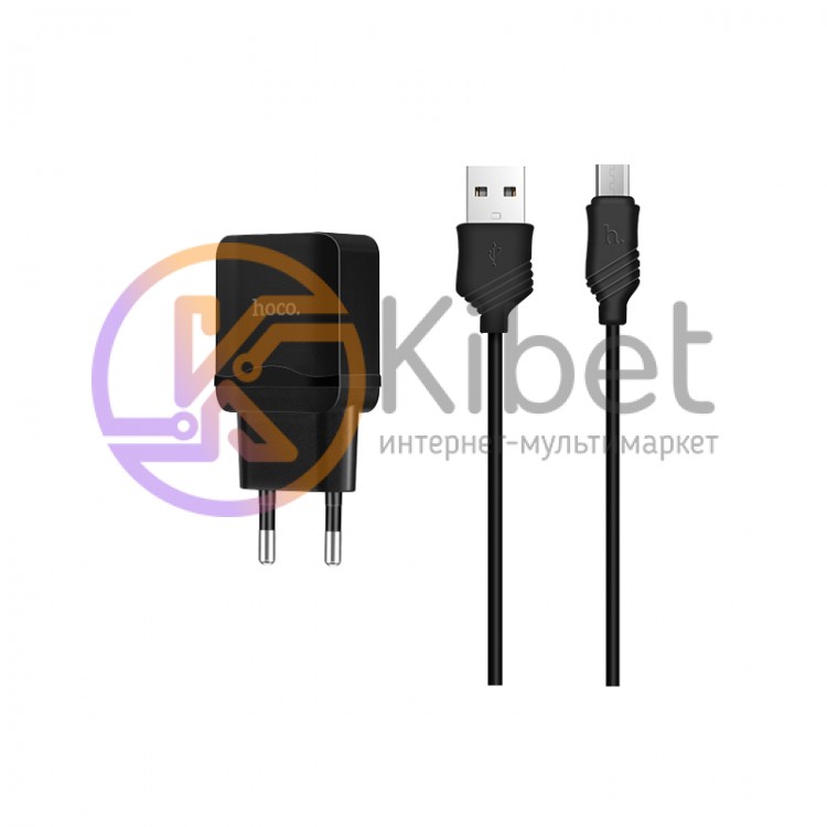 Сетевое зарядное устройство Hoco, Black, 1xUSB, 2.4A, кабель USB - microUSB (C